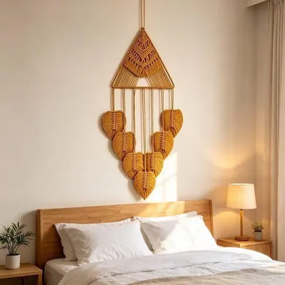 Produktbild von Handgewebter Baumwoll Wandbehang mit Blatt Quasten, Makramee Wandteppich Boho Wanddeko für Wohnzimmer Schlafzimmer, Braun