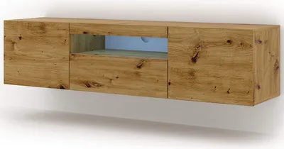 A wooden TV cabinet mounted on a white wall.