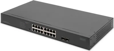 Immagine prodotto di Switch di rete DIGITUS a 16 porte Gigabit, 19 pollici, non gestito, 2 porte uplink, SFP