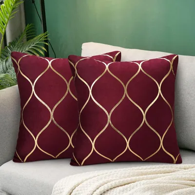 Image de Housses de coussin en velours, 40x40 cm, lot de 2, couleur bordeaux doré, motif géométrique, pour canapé