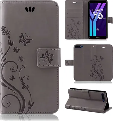 Produktbild von Handytasche für Huawei Y6 (2018) in Blumen Flip Cover Buchhülle mit Magnetverschluss, Grau