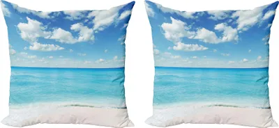 Obrázek produktu pro ABAKUHAUS Tropická sada povlaků na polštářky (2ks), exotická pláž s oblohou Sunny Day Holiday Island Ocean, 60 x 60 cm, Sky Blue Aqua