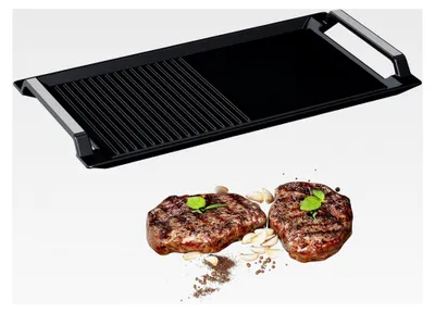 Produktbild von Grillplatte aus Gusseisen - 43 x 23 cm - 2 Griffe - Antirutsch-Grillpfanne mit halb-gerippter und halb-glatter Oberfläche - geeignet für Induktion, Herdplatten, Ofen, BBQ, Gasgrill