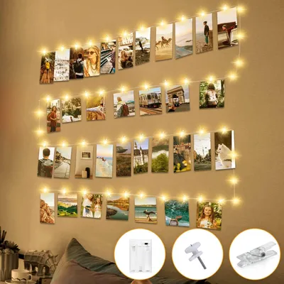 Productafbeelding van Btfarm Fotolichtsnoer met timer - 50 leds - 5 m - Fotoslinger met 30 clips - Werkt op batterijen - Bruiloft - Verjaardag