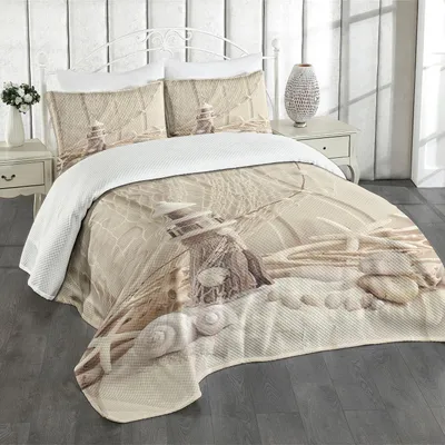 Immagine prodotto di Set copriletto ABAKUHAUS con motivo a rete da pesca, tema marino con stelle marine e conchiglie, vita sottomarina, stampa con faro in legno, 264 x 220 cm, beige crema