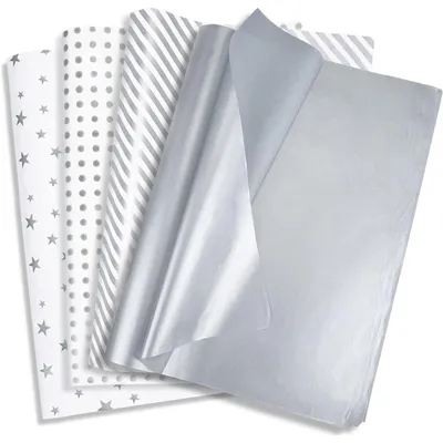 Image de Papier de soie métallisé argenté/blanc, 120 feuilles, format 50x35 cm, idéal pour les cadeaux et les emballages
