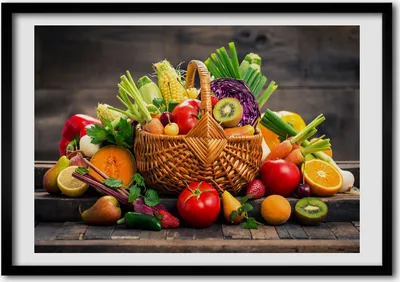 Produktbild von Bild - Bilderrahmen - 100 cm x 70 cm - MDF - Rahmen - Foto - Wandkunst Ein Korb mit Obst Gemüse
