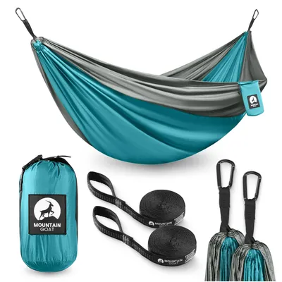 Produktbild von MOUNTAIN GOAT Trekking-Hängematte, für 2 Personen, 1,3 kg, inkl. Gurte und Karabiner, grau-türkis