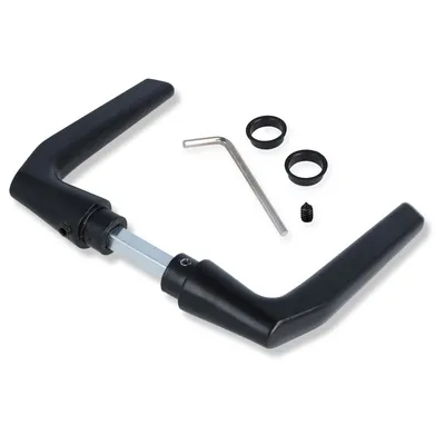 A black door handle set with an Allen key and screws on a white background.
