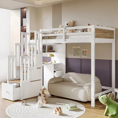 Produktbild von Merax Hochbett 90x200cm mit Schreibtisch, Kinderbett mit Stauraum, Treppe und Schubladen, Halbhochbett mit Regal und Arbeitsbereich, Weiß Natur