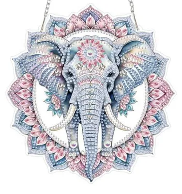 Immagine prodotto di Kit per la creazione di un ornamento da appendere con diamanti, motivo elefante mandala, ideale per decorare finestre. Design bilaterale con catena. Dimensioni: 18,3 x 19,3 cm. Colori: rosa, blu, bianco