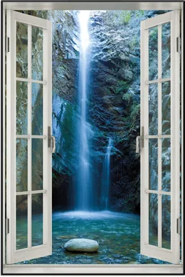 Produktbild von Wallario Wandbild mit Fenster-Illusion: Wasserfall bei Sonneneinfall, Größe: 61 x 91,5 cm, Poster mit schwarzem Aluminiumrahmen