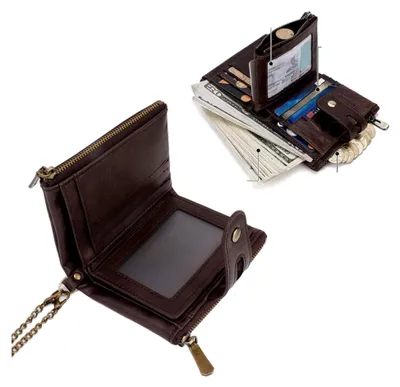 Produktbild von Geldbörse mit Kette, für Herren, Retro, schmutzabweisend, Tasche mit mehreren Schlitzen, Kaffeebraun, Kunstleder, Schnallendesign, feine Naht für Bankkarten, Standard, Retro