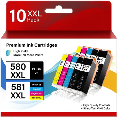 Obrázek produktu pro Inkoustové kazety XXL, balení 10 kusů - Kompatibilní s Canon PGI-580/CLI-581 - Pigmentová černá/Černá/Azurová/Purpurová/Žlutá - Vysoká kvalita tisku - Snadná instalace - Tiskové kazety