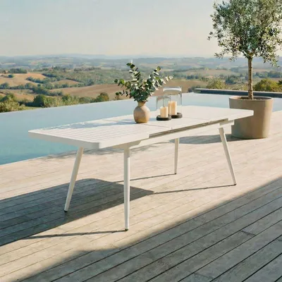 Produktbild von Gartentisch SUNNY ausziehbar 180–240 cm, Weiß – großer Tisch mit integrierter Verlängerungsplatte aus pulverbeschichtetem Aluminium UV-beständig pflegeleicht für Terrasse Balkon Garten