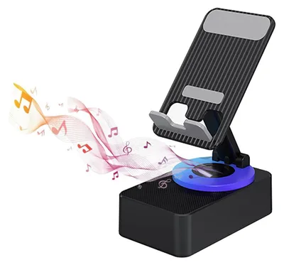 A black smartphone stand with a blue LED light ring, featuring musical notes and sound waves emanating from the base.