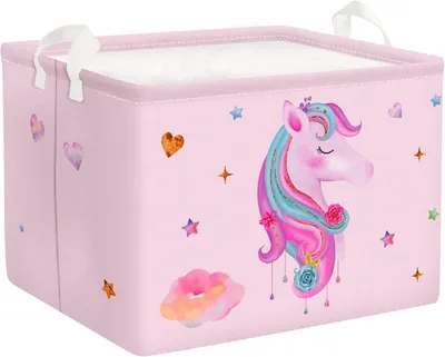 Produktbild von Rosa Einhorn-Wäschekorb für Kinder mit Griff, faltbarer Aufbewahrungskorb für Kleidung und Spielzeug, Aufbewahrungsbox für Mädchen, für Babyzimmer und Badezimmer, Herz, 40 x 30 x 30 cm