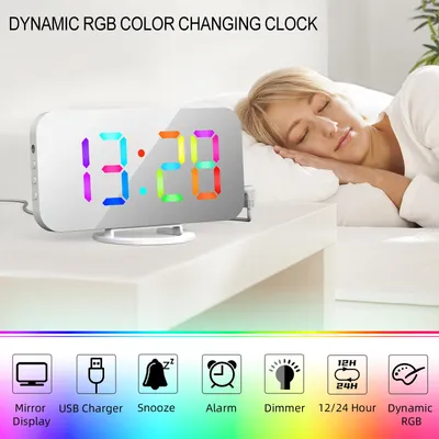 Obrázok produktu pre Digitálny budík s dynamickým RGB svetlom Stmievateľný jas Nastaviteľná funkcia Snooze USB nabíjačka Zrkadlové hodiny 12H/24H pre spálňu Domáce kancelárie Nástenný