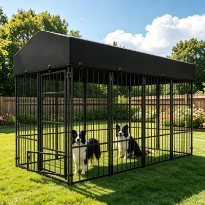 Obrázok produktu pre WISFOR Vonkajšia búda pre psov so strechou Klietka pre psov XXL Železný dom pre psov s voľným výbehom, 120 × 249 × 165 cm