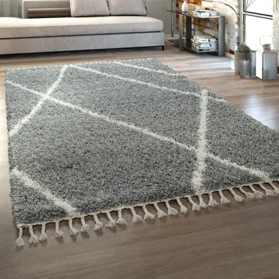 Produktbild von Hochflor Teppich Wohnzimmer Shaggy Skandinavischer Stil Modern Fransen Grau Creme Grösse 60x100 cm