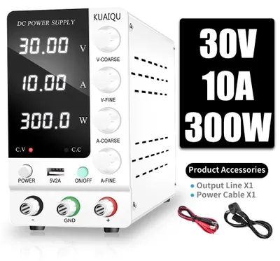 Image de Alimentation CC réglable - Alimentation de laboratoire 30V 10A - 0–30V 0–10A - Alimentation à découpage - Sortie unique - Entrée 220V AC - Blanc