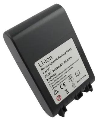 A black rechargeable battery pack for a Dyson V7 vacuum cleaner.