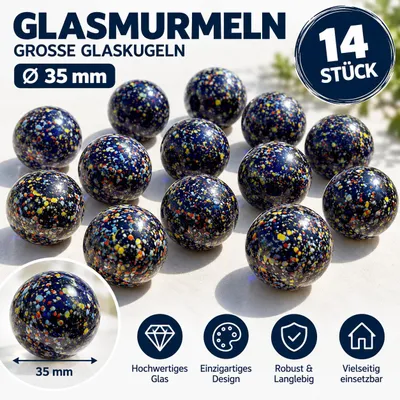 Produktbild von 14 Stück große Glasmurmeln Ø 35 mm – Blau Bunt Gepunktet – Große Glaskugeln Murmel Set für Spiel, Deko, Sammeln & Basteln, KI-generiertes Bild