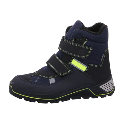 A single blue winter boot for children with black and yellow accents, shown from the side against a white background.