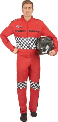A man wearing a red racing suit and holding a helmet.