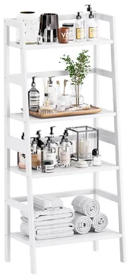 Imagen del producto de Escalera de bambú de 4 peldaños, color blanco, 125 cm de altura, autoportante