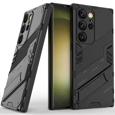 Produktbild von Armor Hülle für Samsung Galaxy S24 Ultra, Hybrid PC TPU Bumper Stoßfestes Schutzhülle mit Standfunktion Schwarz