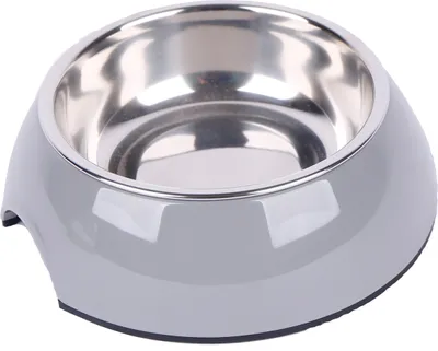 Produktbild von Dehner Lieblinge Hunde- und Katzennapf, Ø 17.5 cm, Höhe 5 cm, 350 ml, Melamin/Edelstahl/Gummi, grau