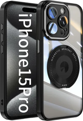 Produktbild von Handyhülle für iPhone 15 Pro Transparent Militärschutz mit Magnetring Ständer und Kameraabdeckung Schwarz