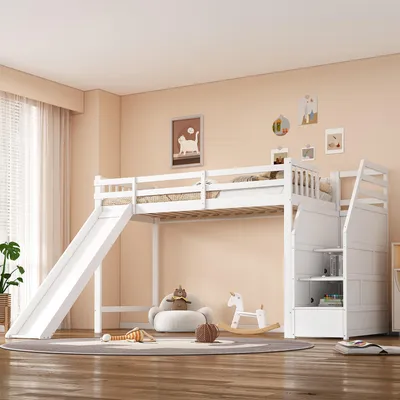 Obrázek produktu pro STILVORA Patrová postel 90×200 cm Dětská postel se skluzavkou a odkládacím žebříkem, dřevěný rám postele, masivní borové dřevo, bílá (bez matrace)