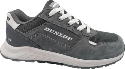 A single gray Dunlop safety shoe is shown against a white background.