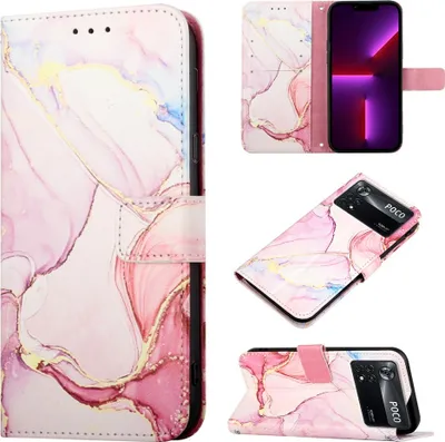 Produktbild von Xiaomi Poco X4 Pro 5G Hülle, Marmor Motiv Kunstleder Tasche Wallet Kartenfächer mit Standfunktion Klapp Schutzhülle für Xiaomi Poco X4 Pro 5G Pink Weiß