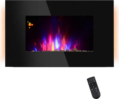 Image de HOMCOM Cheminée électrique Murale LED 7 Effets Flammes + 7 Couleurs Ambiance + Galets télécommande Thermostat 1000-2000 W minuterie Noir