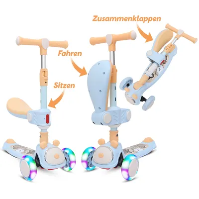 Produktbild von Habib Kinderroller mit 200mm LED Rädern | Klappbar & Höhenverstellbar: Blau
