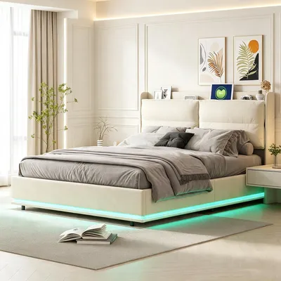 Produktbild von INONEFT Boxspringbett 140x200cm,hydraulisches Polsterbett mit LED und USB/C ,Doppelbett Holzbett Jugendbett, Samt, Beige.