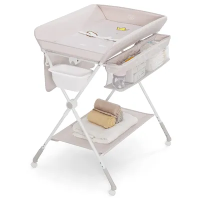 Produktbild von Wickeltisch Klappbar, Tragbare Wickelstation Baby mit Wasserbecken, Aufbewahrungskorb, Sicherheitsgurt und Räder, Wickelkommode Höhenverstellbar (Beige)