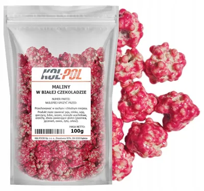 Zdjęcie produktu dla MALINY W CZEKOLADZIE BIAŁEJ 100g Malina liofilizowana wysoka jakość Kol-Pol