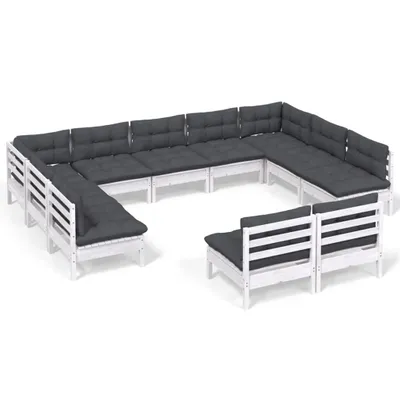 Produktbild von 11-tlg. Garten-Lounge-Set mit Kissen Weiß Kiefer Massivholz