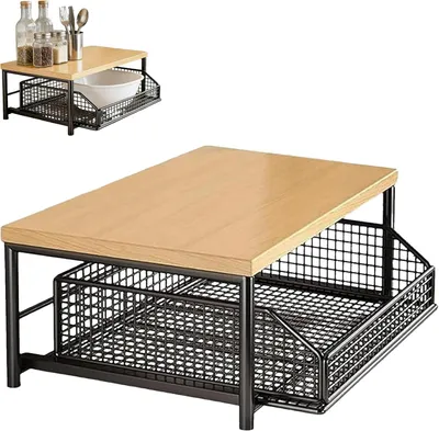 Produktbild von 2 Ebenen Mikrowellenhalter mit Aufbewahrungskorb Organizer Küchen Mikrowellenregal Verstellbar Ablage kleiner für Kücheninsel, Kaffeebar