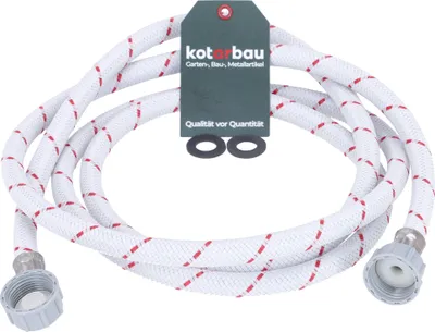 A washing machine inlet hose with connectors and a product tag.