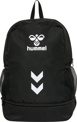 A black backpack with white branding and accents, shown from the front against a white background.