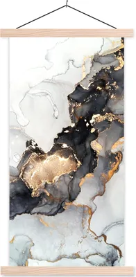 Produktbild von MuchoWow® Textilposter Marmor - Schwarz - Weiß - Gold - Luxus - Abstrakt 60x120 cm mit holzfarbenen Rahmen - Holz