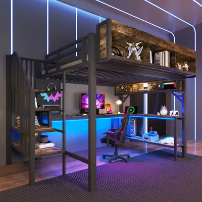 Produktbild von Merax Hochbett Etagenbett 140x200 cm mit Schreibtisch und LED, Kinderbett mit Stauraumtreppe, USB & Steckdose, Jugendbett EN747, Vintage Braun+Schwarz
