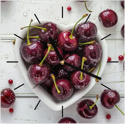 Produktbild von Wanduhr aus Glas mit Motiv Frische Kirschen- 30 x 30 cm - inkl. Aufhängesystem