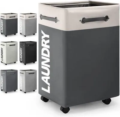 Image de Panier à linge étanche et rabattable, 74 l, blanc/gris, avec roulettes