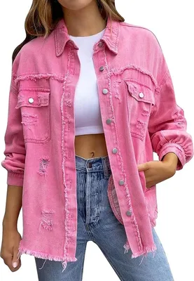 Produktbild von ASKSA Damen Jeansjacke Ripped Vintage Denim Jacken Laessige Boyfriend Jeansjacken Jean Mantel, Rosa, XL